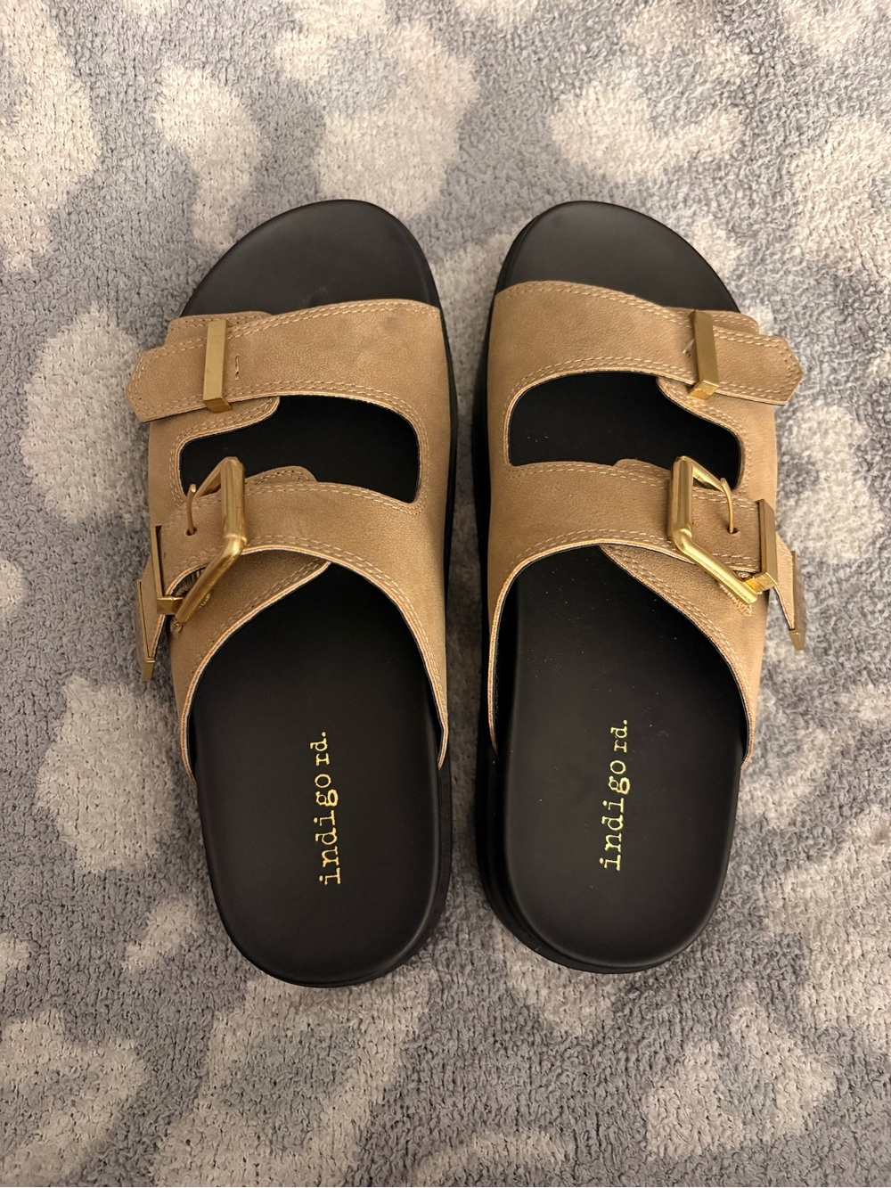 Indigo Double-Buckle Tan Slide Sandals with Gold Hardware womens 5.5